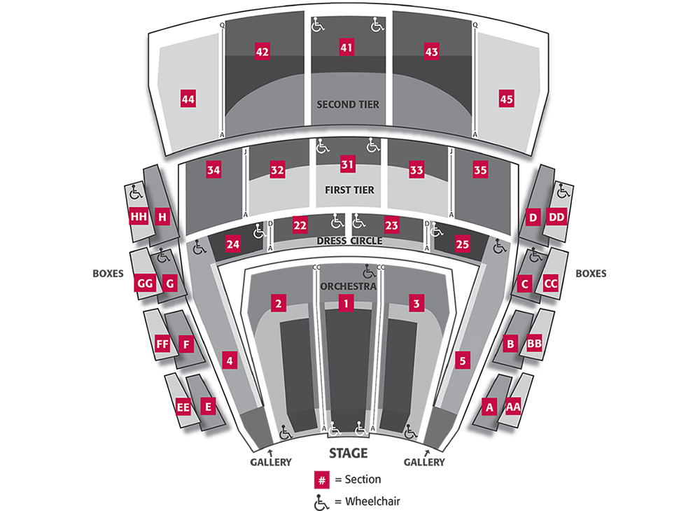 McCaw Hall Seating Map by Section Number and Row Ranges.